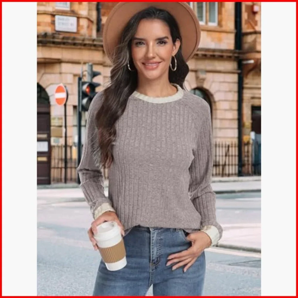 Long Sleeve Tunic Top Lightweight Loose Fit Color Block Casual Sweater